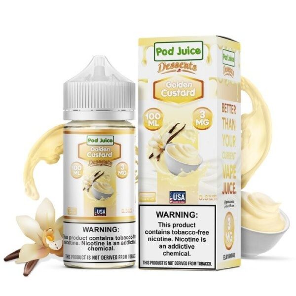 Pod Juice Golden Custard E-Juice 100ml – Vanilla, Custard, and Golden Tobacco Blend